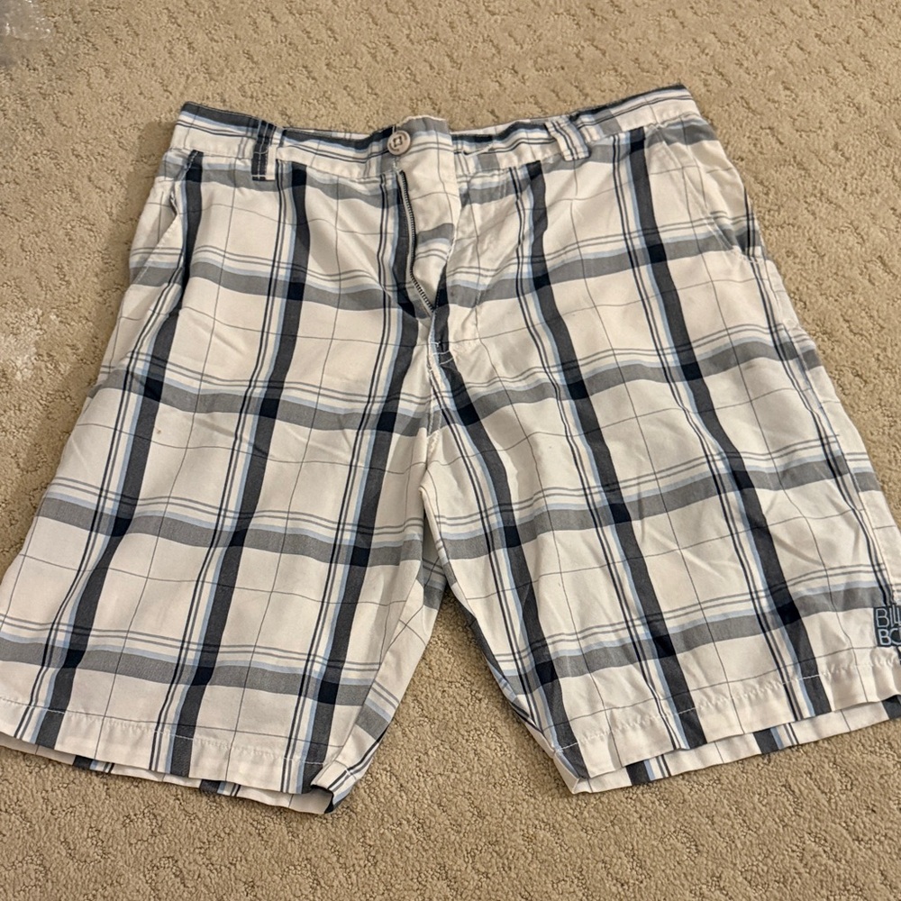 Billabong Men's White Plaid Shorts with Navy & Gray Stripes